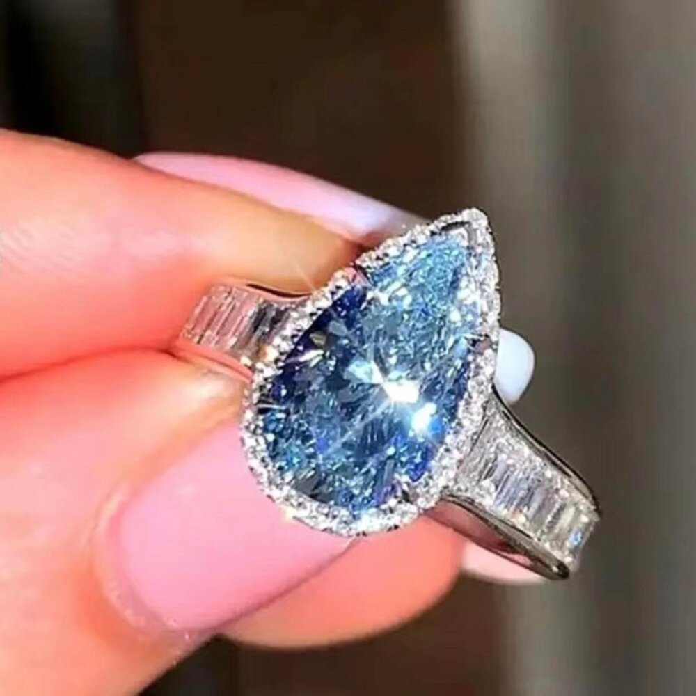 Aquamarine Zirconia Teardrop Cut Featuring Zirconia Baguettes on Sterling Silver